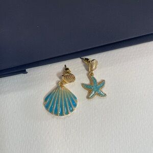 Gold and Blue Seashell and Starfish Earrings